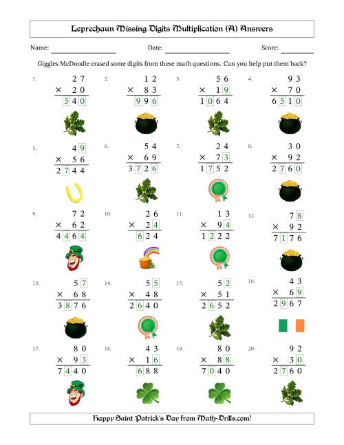 The Leprechaun Missing Digits Multiplication (Harder Version) (A) Math Worksheet Page 2