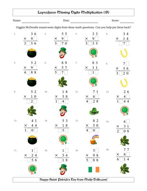The Leprechaun Missing Digits Multiplication (Harder Version) (B) Math Worksheet