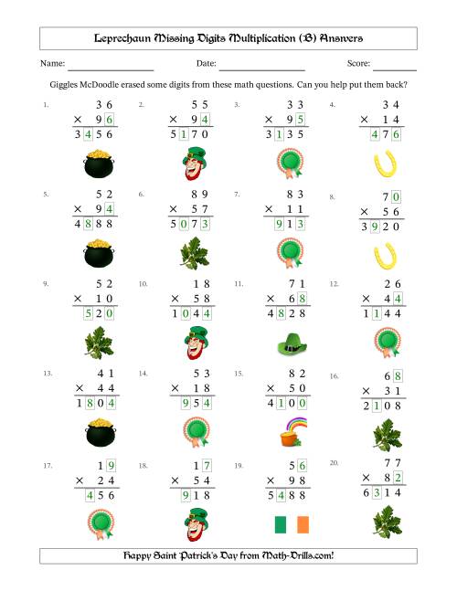 The Leprechaun Missing Digits Multiplication (Harder Version) (B) Math Worksheet Page 2