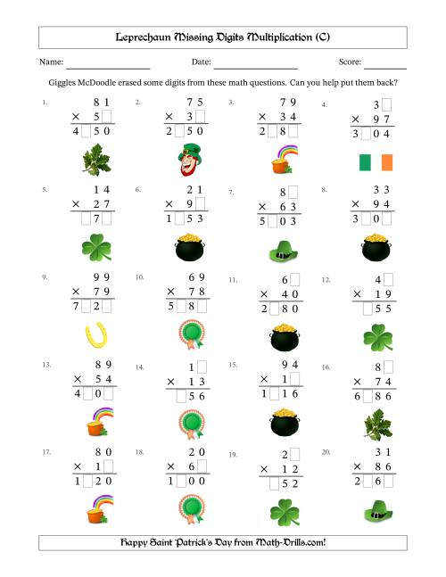 The Leprechaun Missing Digits Multiplication (Harder Version) (C) Math Worksheet