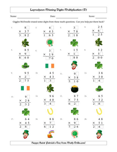 The Leprechaun Missing Digits Multiplication (Harder Version) (D) Math Worksheet