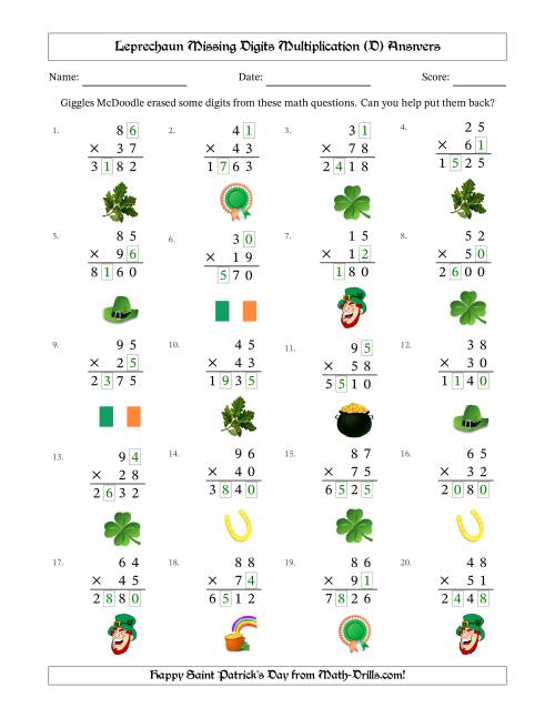 The Leprechaun Missing Digits Multiplication (Harder Version) (D) Math Worksheet Page 2