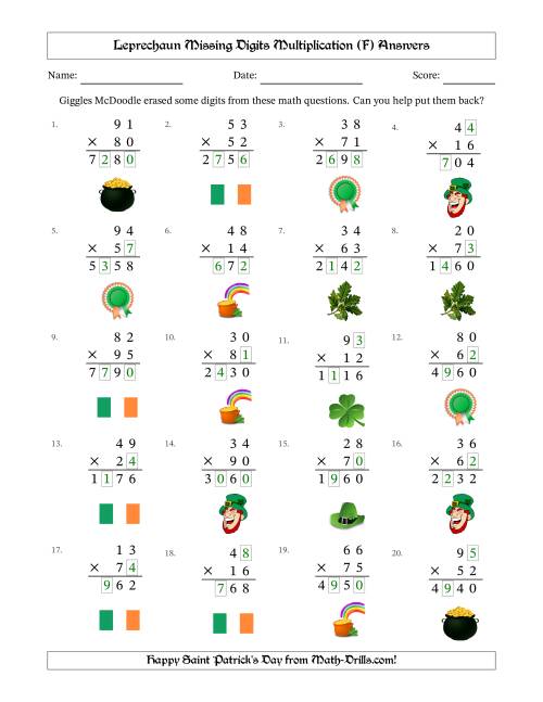 The Leprechaun Missing Digits Multiplication (Harder Version) (F) Math Worksheet Page 2