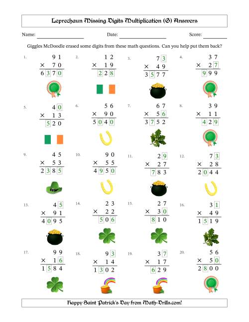 The Leprechaun Missing Digits Multiplication (Harder Version) (G) Math Worksheet Page 2