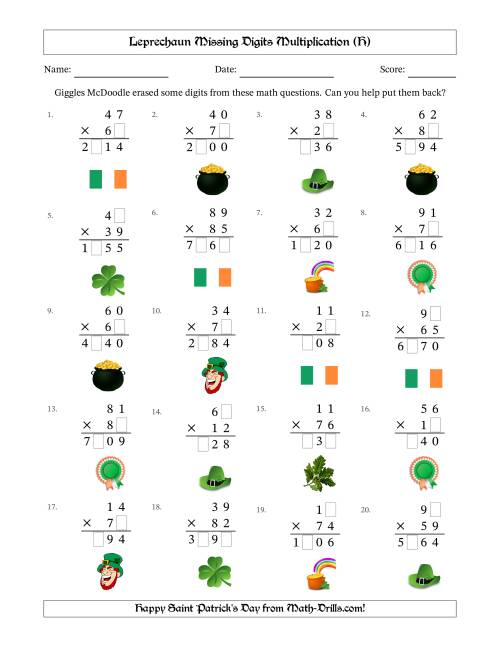 The Leprechaun Missing Digits Multiplication (Harder Version) (H) Math Worksheet