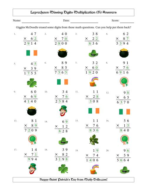 The Leprechaun Missing Digits Multiplication (Harder Version) (H) Math Worksheet Page 2