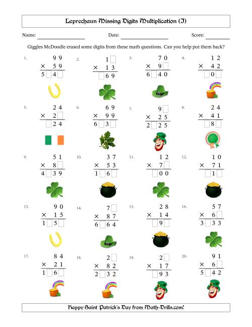 The Leprechaun Missing Digits Multiplication (Harder Version) (I) Math Worksheet