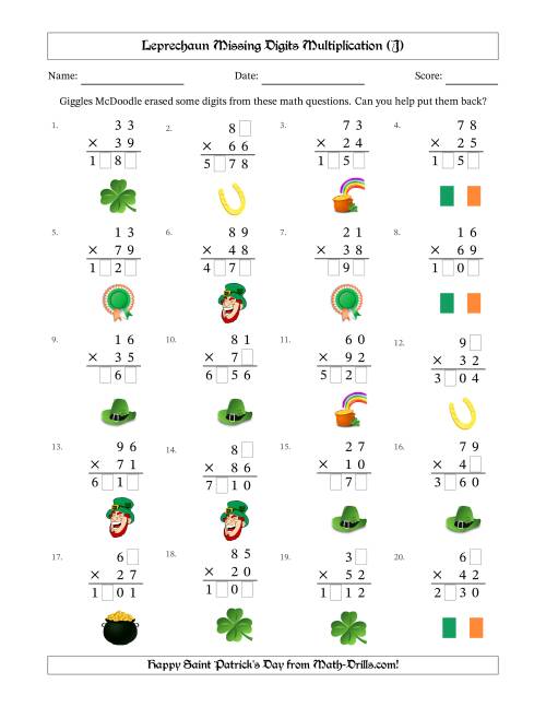 The Leprechaun Missing Digits Multiplication (Harder Version) (J) Math Worksheet