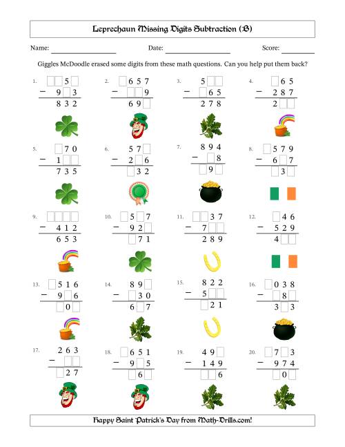 The Leprechaun Missing Digits Subtraction (Easier Version) (B) Math Worksheet