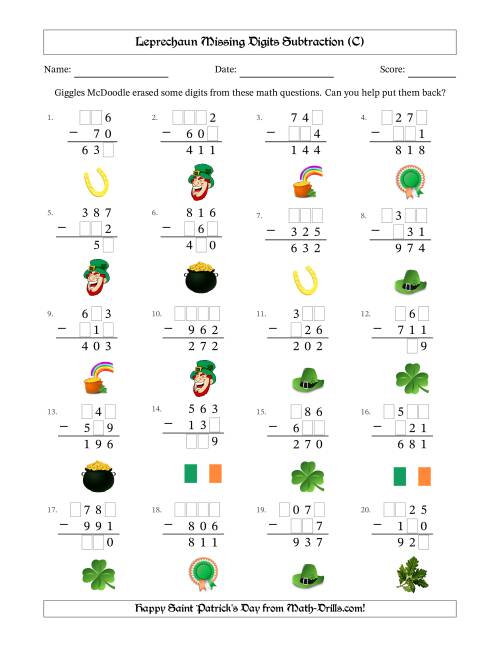 The Leprechaun Missing Digits Subtraction (Easier Version) (C) Math Worksheet