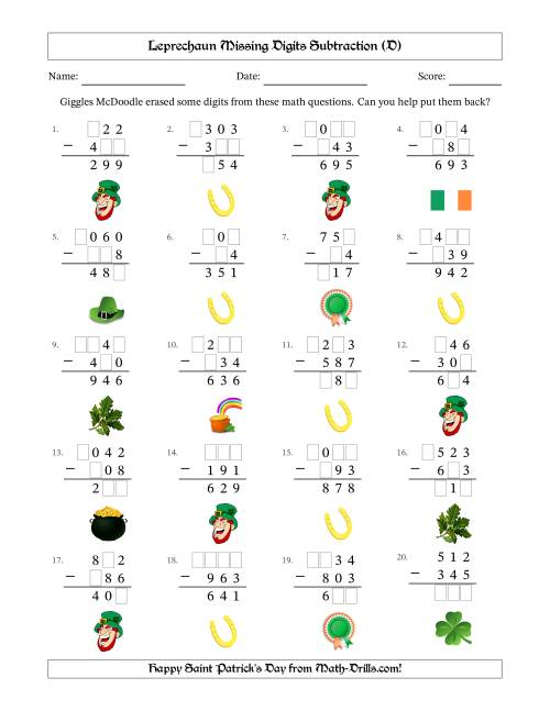The Leprechaun Missing Digits Subtraction (Easier Version) (D) Math Worksheet