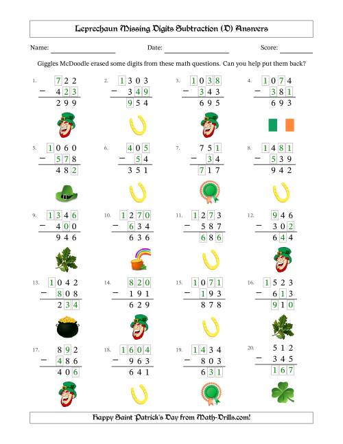 The Leprechaun Missing Digits Subtraction (Easier Version) (D) Math Worksheet Page 2