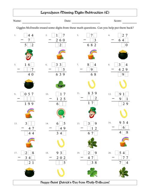 The Leprechaun Missing Digits Subtraction (Easier Version) (E) Math Worksheet