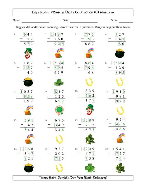 The Leprechaun Missing Digits Subtraction (Easier Version) (E) Math Worksheet Page 2