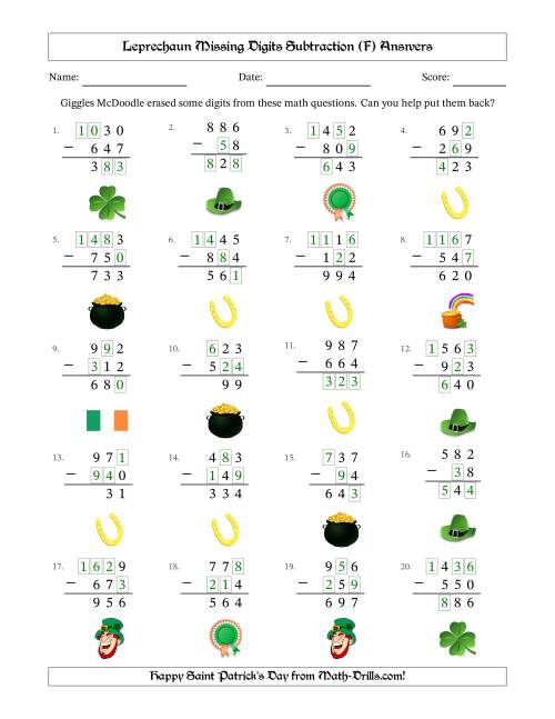 The Leprechaun Missing Digits Subtraction (Easier Version) (F) Math Worksheet Page 2