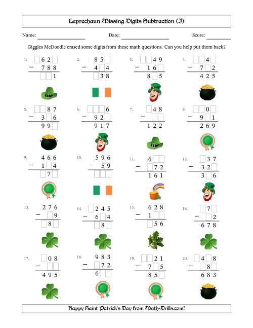 The Leprechaun Missing Digits Subtraction (Easier Version) (I) Math Worksheet