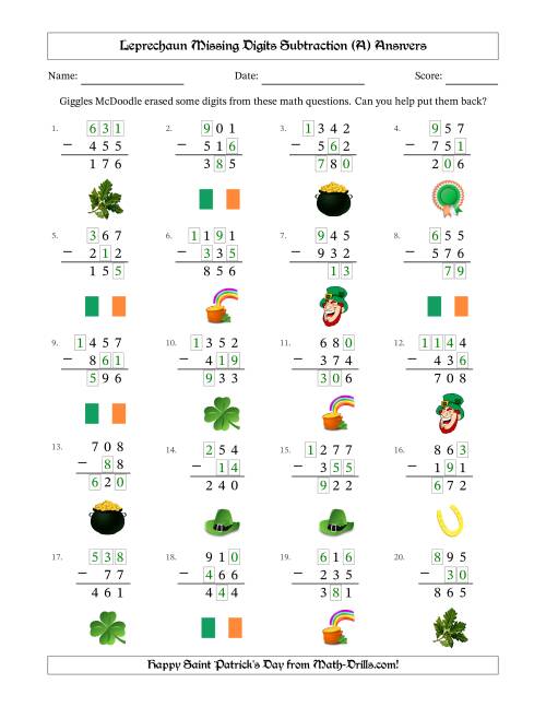 The Leprechaun Missing Digits Subtraction (Easier Version) (All) Math Worksheet Page 2