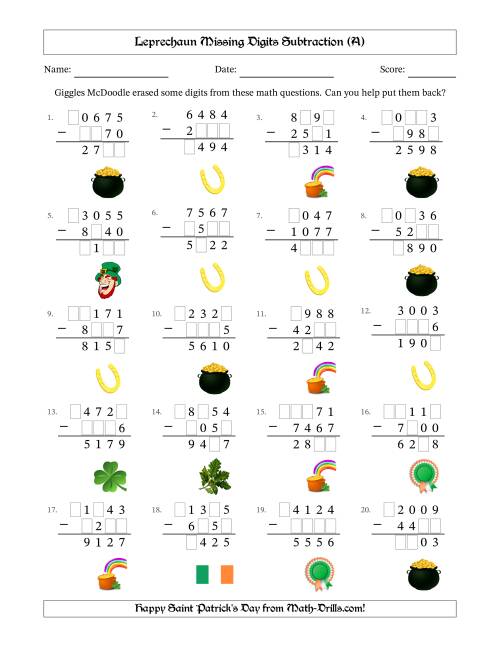 The Leprechaun Missing Digits Subtraction (Harder Version) (A) Math Worksheet