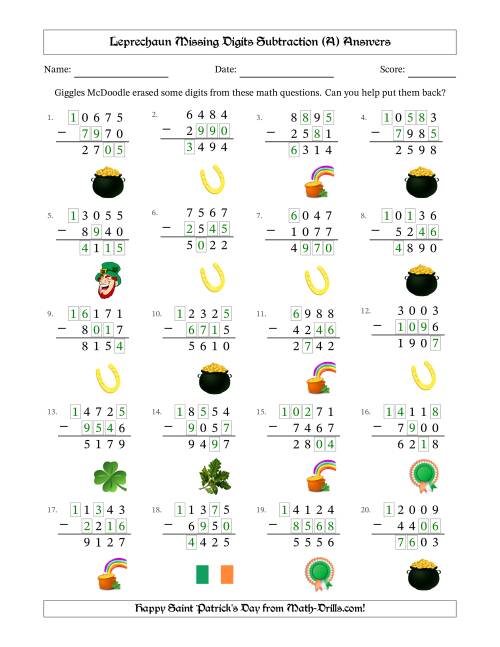 The Leprechaun Missing Digits Subtraction (Harder Version) (A) Math Worksheet Page 2