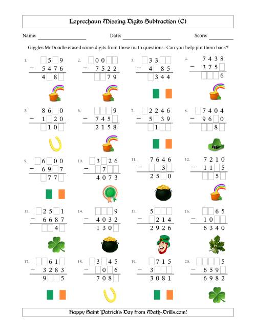 The Leprechaun Missing Digits Subtraction (Harder Version) (C) Math Worksheet
