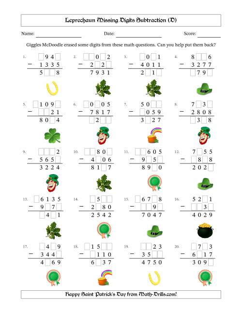The Leprechaun Missing Digits Subtraction (Harder Version) (D) Math Worksheet