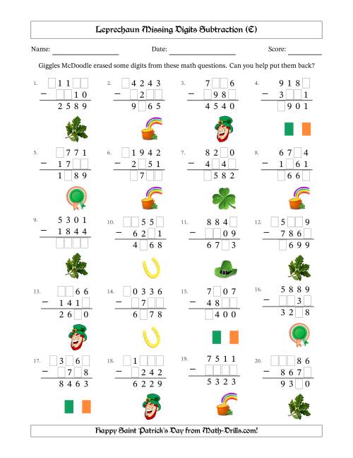 The Leprechaun Missing Digits Subtraction (Harder Version) (E) Math Worksheet