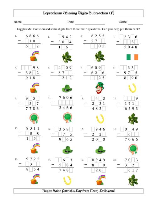 The Leprechaun Missing Digits Subtraction (Harder Version) (F) Math Worksheet