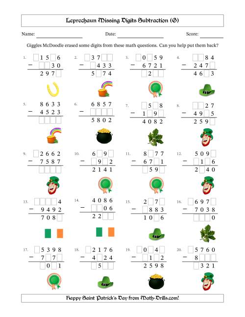 The Leprechaun Missing Digits Subtraction (Harder Version) (G) Math Worksheet