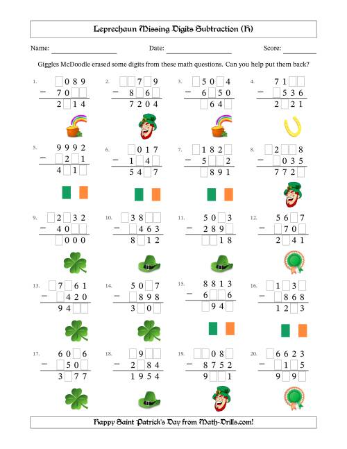 The Leprechaun Missing Digits Subtraction (Harder Version) (H) Math Worksheet