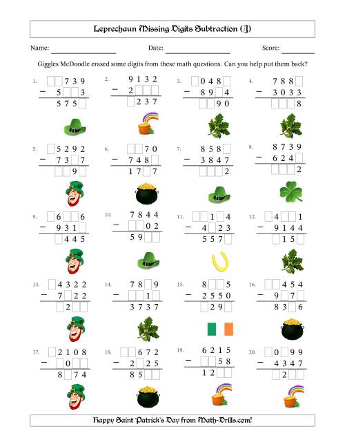 The Leprechaun Missing Digits Subtraction (Harder Version) (J) Math Worksheet