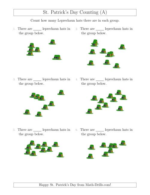 The Counting up to 10 Leprechaun Hats in Scattered Arrangements (A) Math Worksheet