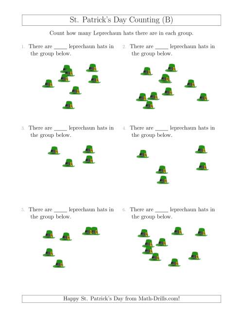 The Counting up to 10 Leprechaun Hats in Scattered Arrangements (B) Math Worksheet