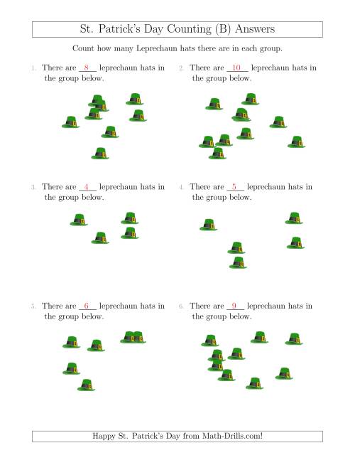 The Counting up to 10 Leprechaun Hats in Scattered Arrangements (B) Math Worksheet Page 2