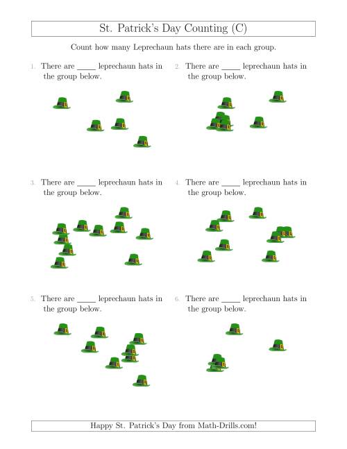 The Counting up to 10 Leprechaun Hats in Scattered Arrangements (C) Math Worksheet