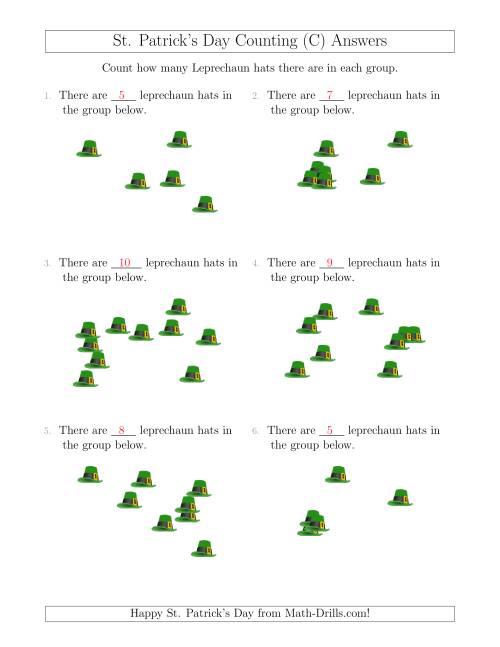 The Counting up to 10 Leprechaun Hats in Scattered Arrangements (C) Math Worksheet Page 2