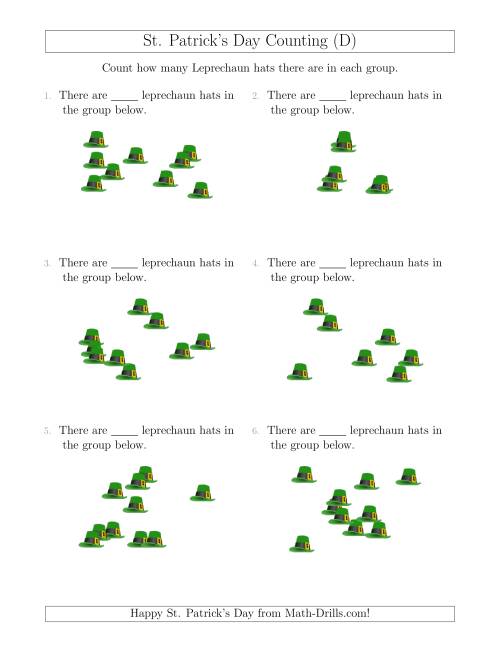 The Counting up to 10 Leprechaun Hats in Scattered Arrangements (D) Math Worksheet