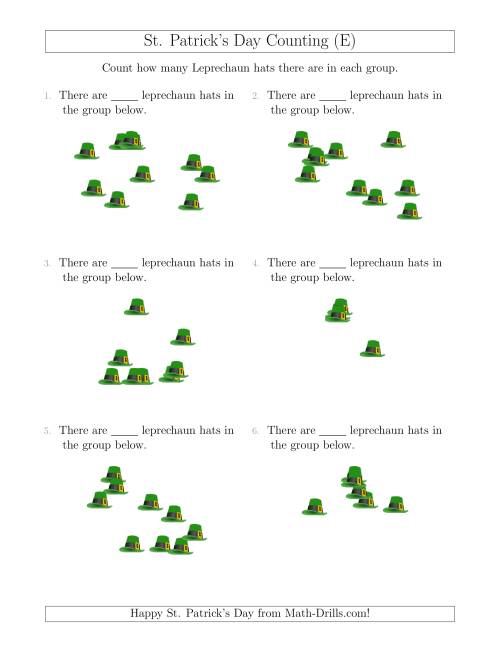 The Counting up to 10 Leprechaun Hats in Scattered Arrangements (E) Math Worksheet
