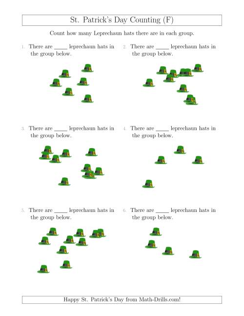 The Counting up to 10 Leprechaun Hats in Scattered Arrangements (F) Math Worksheet