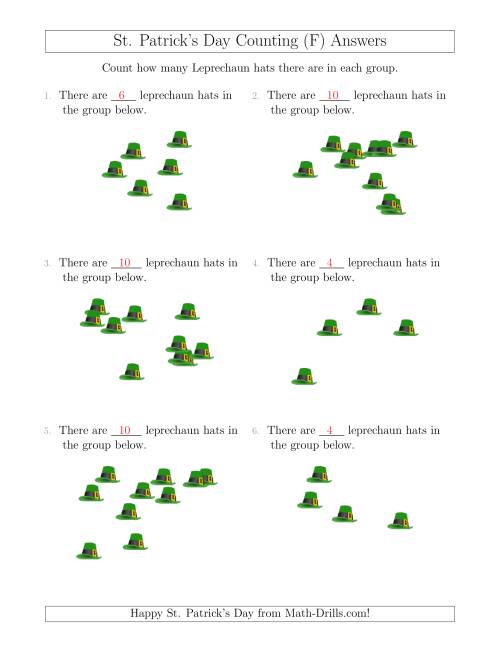 The Counting up to 10 Leprechaun Hats in Scattered Arrangements (F) Math Worksheet Page 2