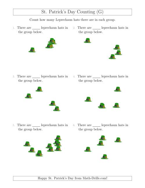 The Counting up to 10 Leprechaun Hats in Scattered Arrangements (G) Math Worksheet
