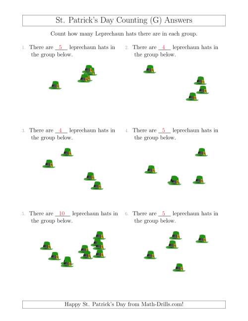 The Counting up to 10 Leprechaun Hats in Scattered Arrangements (G) Math Worksheet Page 2