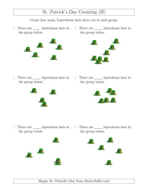 The Counting up to 10 Leprechaun Hats in Scattered Arrangements (H) Math Worksheet