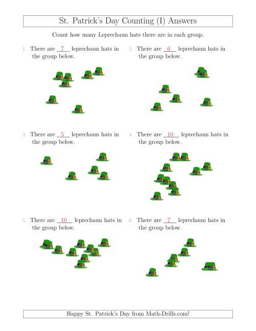 The Counting up to 10 Leprechaun Hats in Scattered Arrangements (I) Math Worksheet Page 2