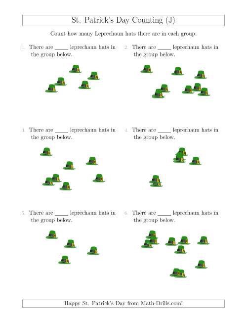 The Counting up to 10 Leprechaun Hats in Scattered Arrangements (J) Math Worksheet