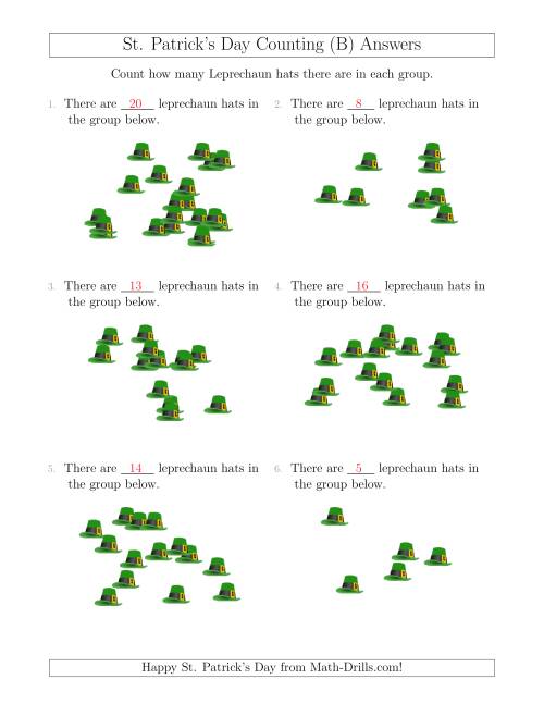 The Counting up to 20 Leprechaun Hats in Scattered Arrangements (B) Math Worksheet Page 2