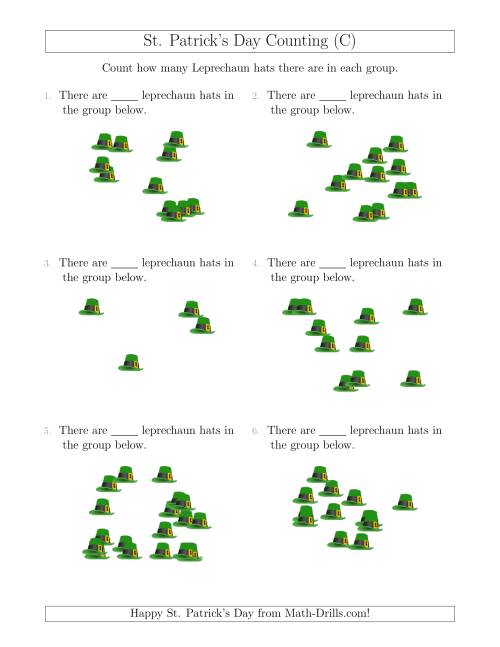 The Counting up to 20 Leprechaun Hats in Scattered Arrangements (C) Math Worksheet
