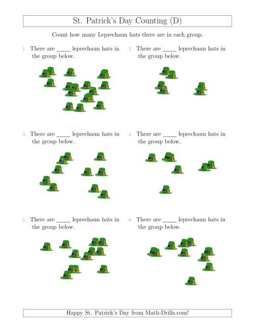 The Counting up to 20 Leprechaun Hats in Scattered Arrangements (D) Math Worksheet