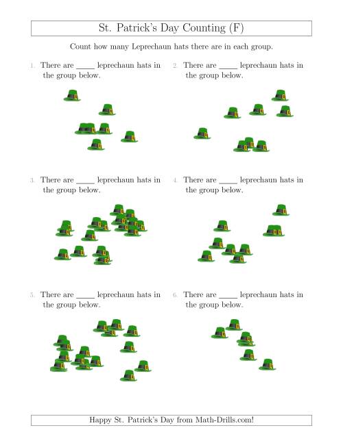 The Counting up to 20 Leprechaun Hats in Scattered Arrangements (F) Math Worksheet