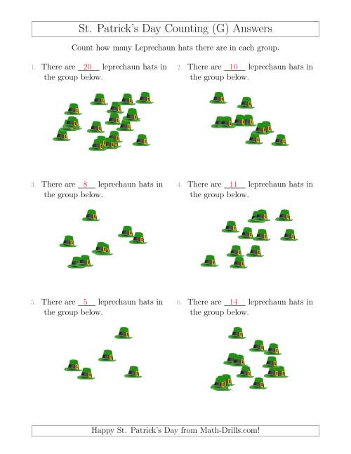 The Counting up to 20 Leprechaun Hats in Scattered Arrangements (G) Math Worksheet Page 2