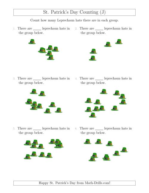 The Counting up to 20 Leprechaun Hats in Scattered Arrangements (J) Math Worksheet